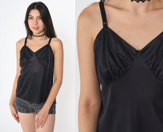 80s Black Nylon Camisole Empire Waist Spaghetti Strap Tank Medium