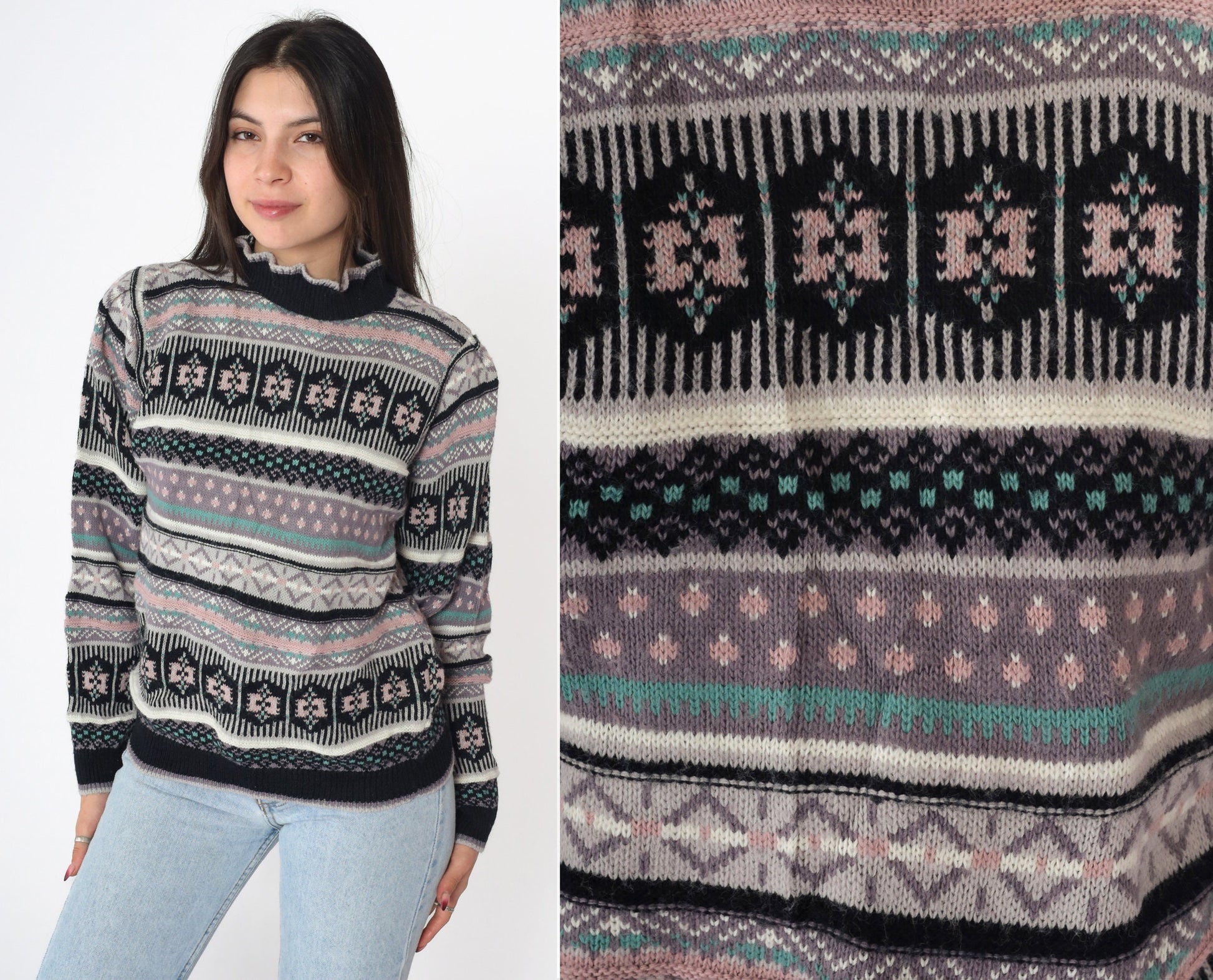 80s Black Geometric Puff Sleeve Sweater Funnel Neck Knit Small