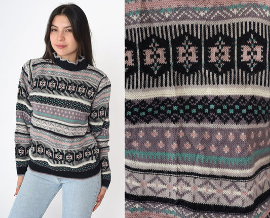 80s Black Geometric Puff Sleeve Sweater Funnel Neck Knit Small