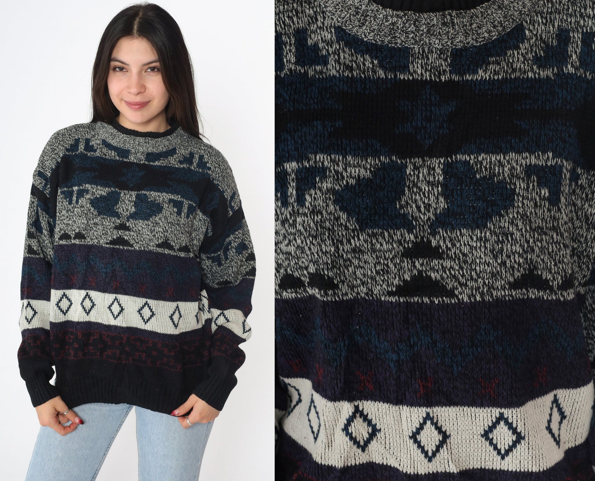 90s Geometric Jacquard Pullover Sweater Black Grey Blue Medium