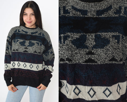 90s Geometric Jacquard Pullover Sweater Black Grey Blue Medium