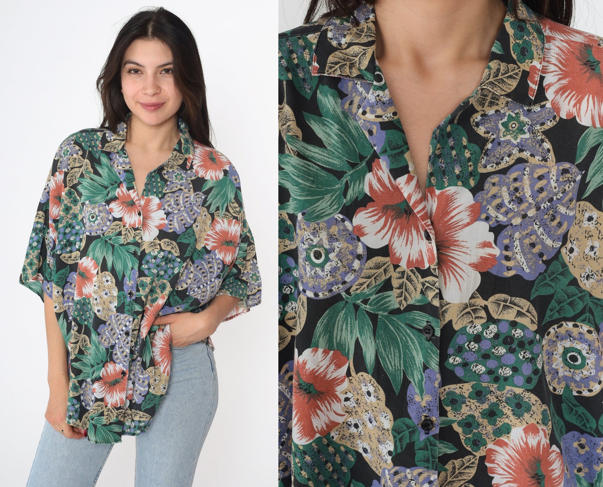 90s Tropical Floral Button Up Blouse Short Sleeve Blue Plus Size 18W