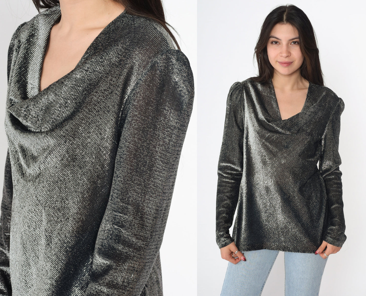 70s Metallic Silver Cowl Neck Blouse Puff Sleeve Party Top Small S