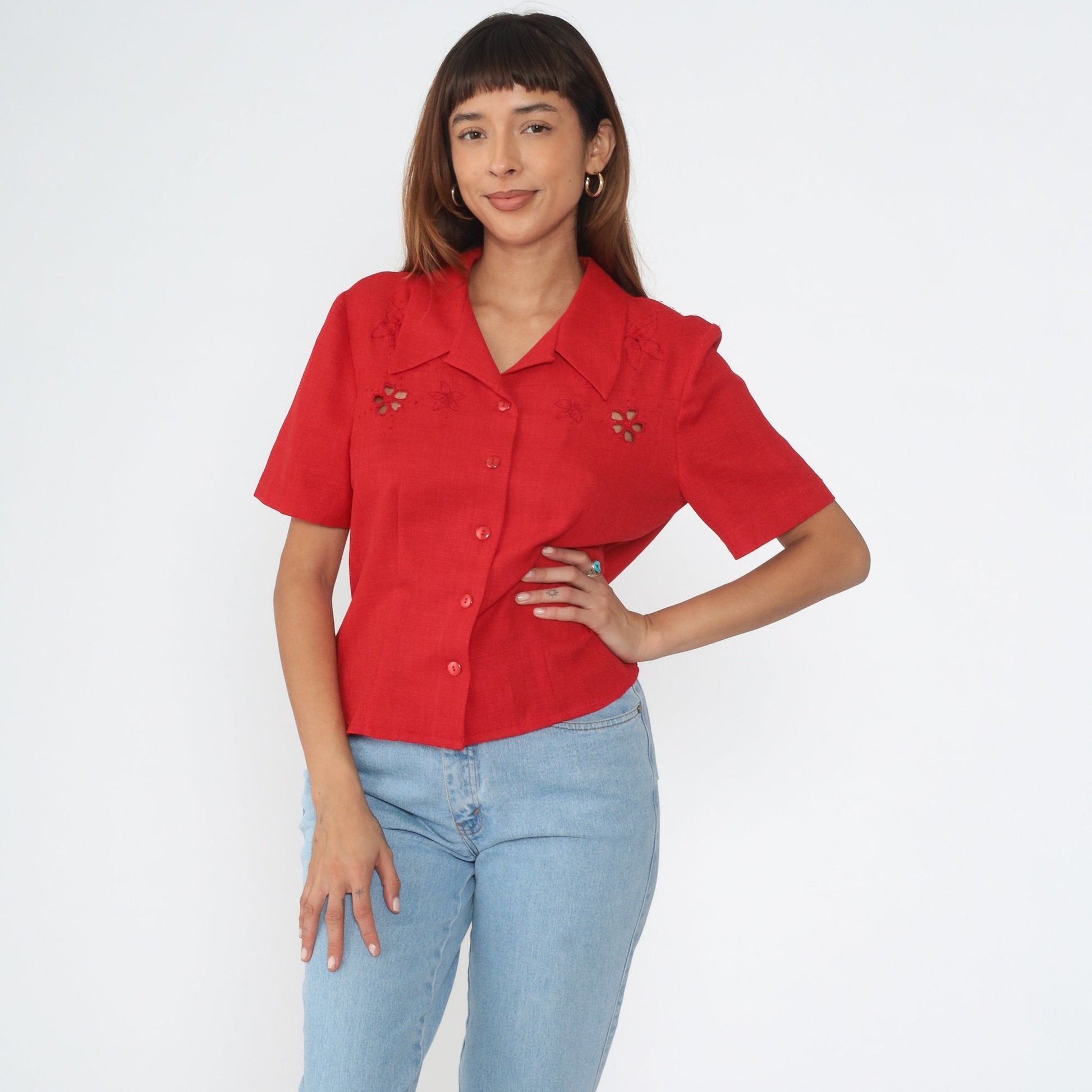 90s Red Floral Embroidered Cutout Button-Up Blouse Short Sleeve Medium