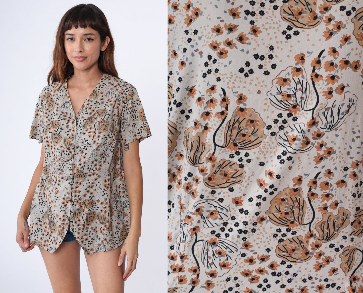 90s Grey Floral Tree Print Button Up Blouse V Neck Short Sleeve Large L