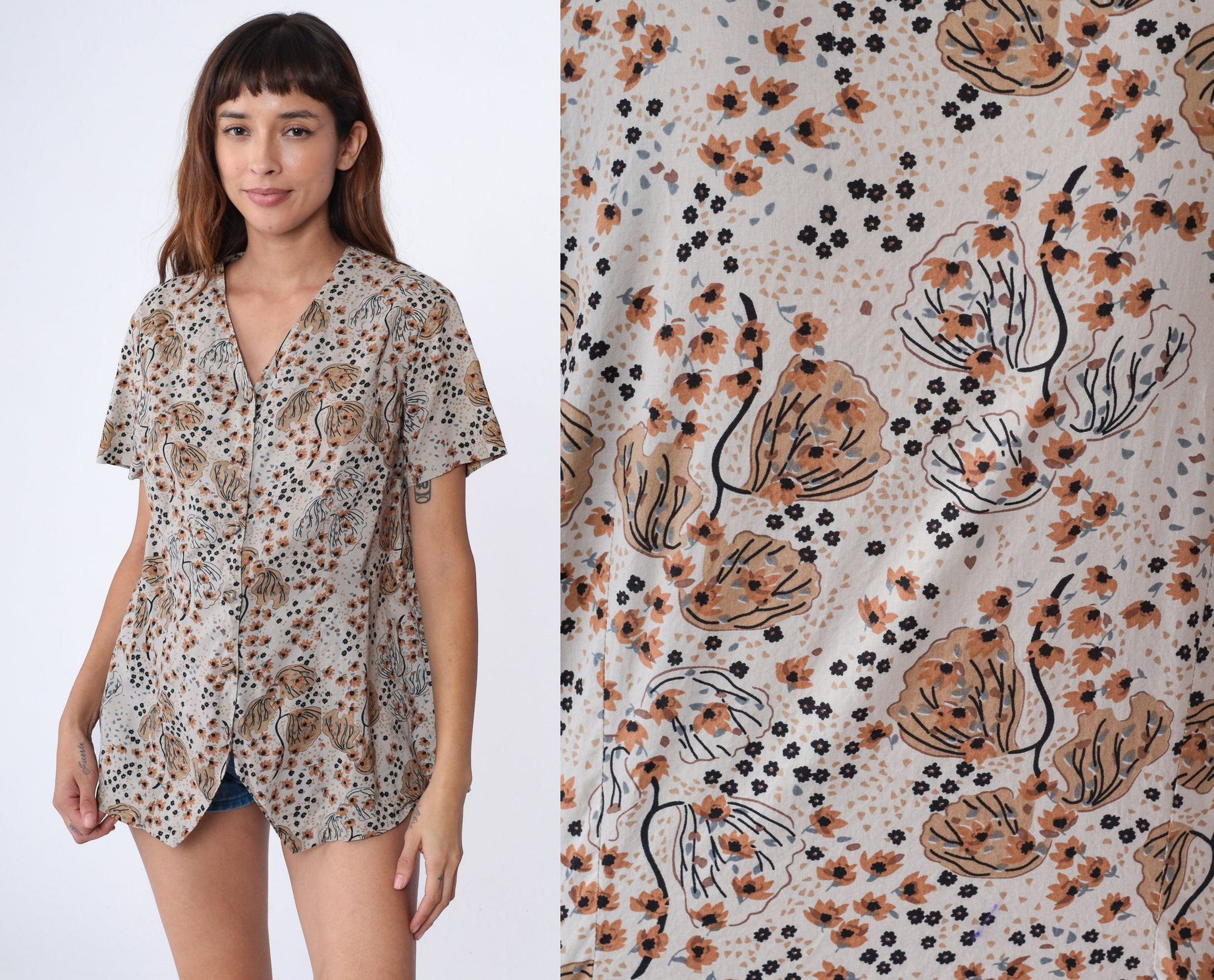 90s Grey Floral Tree Print Button Up Blouse V Neck Short Sleeve Large L
