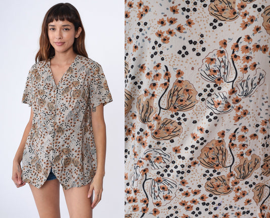90s Grey Floral Tree Print Button Up Blouse V Neck Short Sleeve Large L