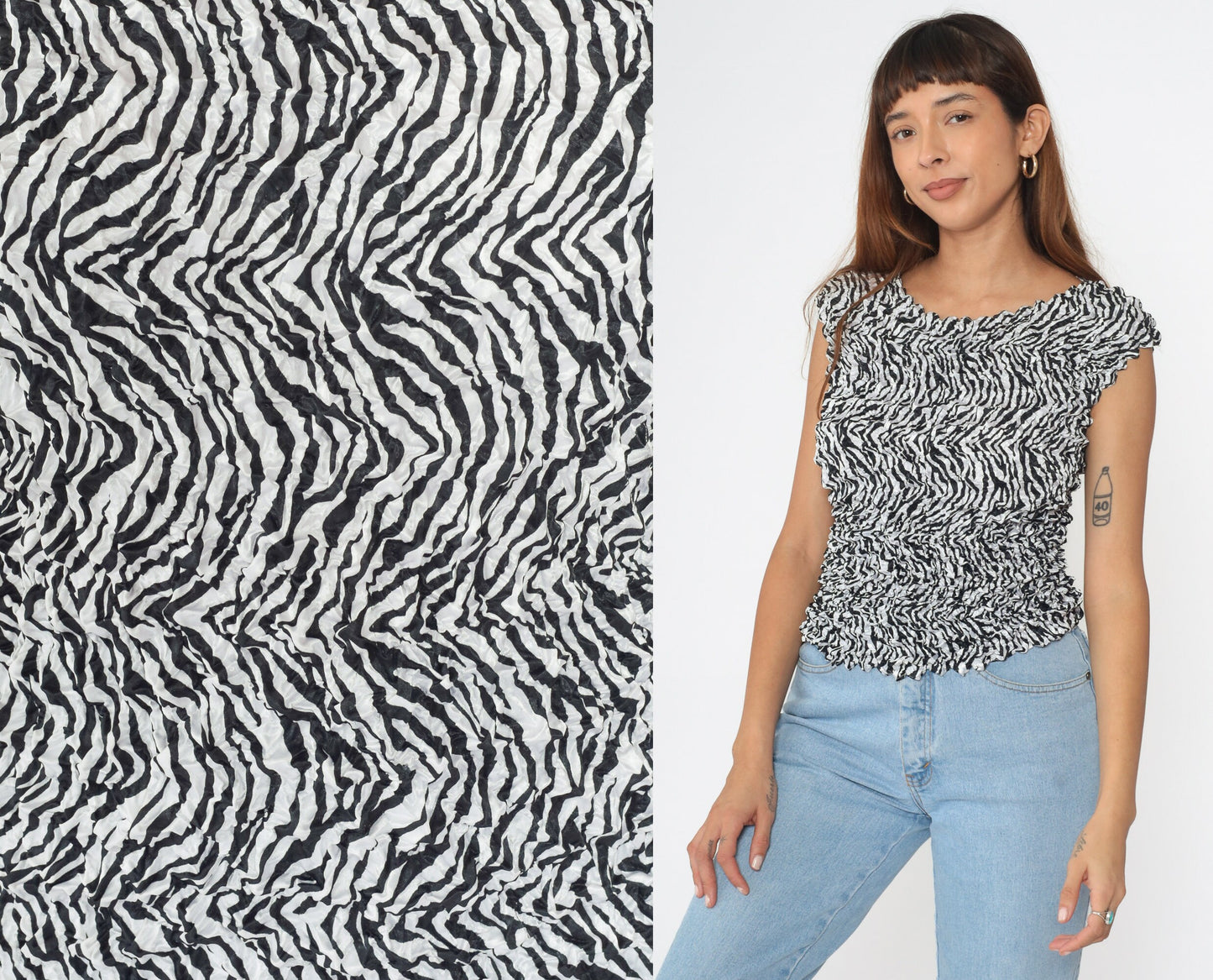 Y2K Zebra Popcorn Texture Tank Top Black White Sleeveless Blouse One Size