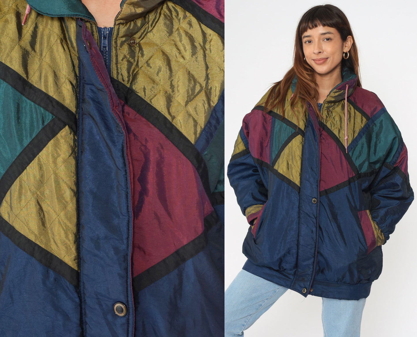 90s Dani Colby Puffer Jacket Navy Colour Block Ski Coat Large