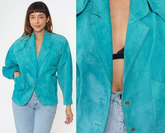 80s Turquoise Suede Leather Blazer V-Neck Shoulder Jacket Small