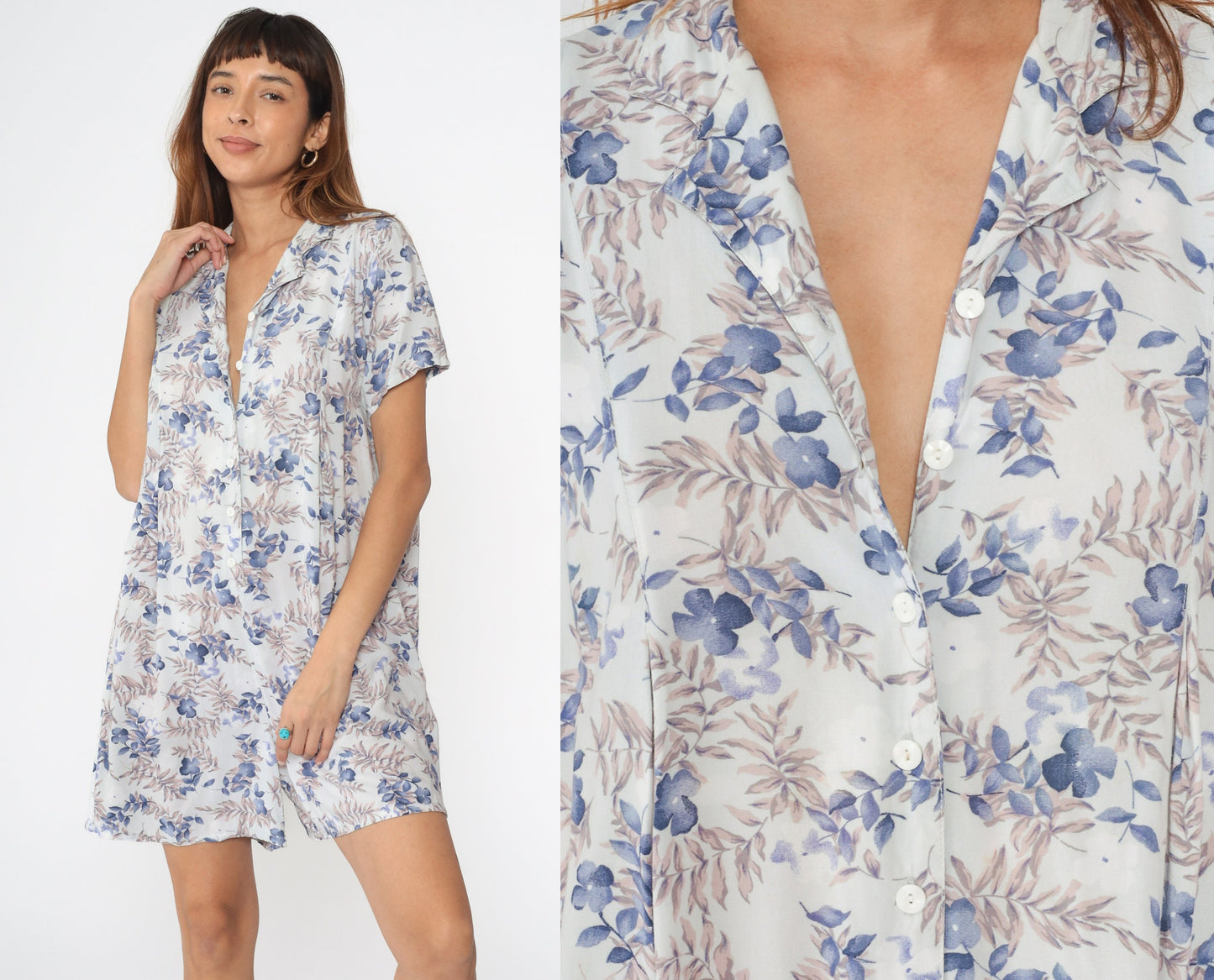 00s French Laundry Maternity Romper White Blue Floral Button Up Medium
