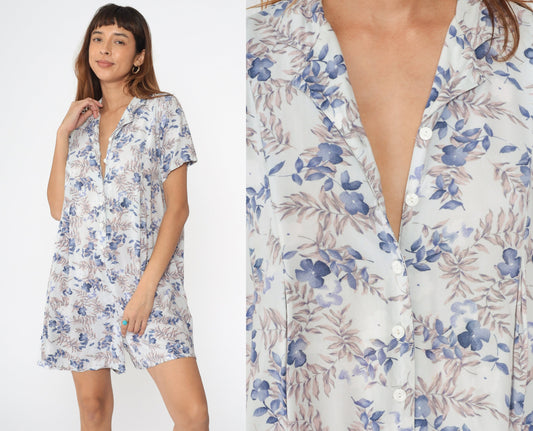 00s French Laundry Maternity Romper White Blue Floral Button Up Medium