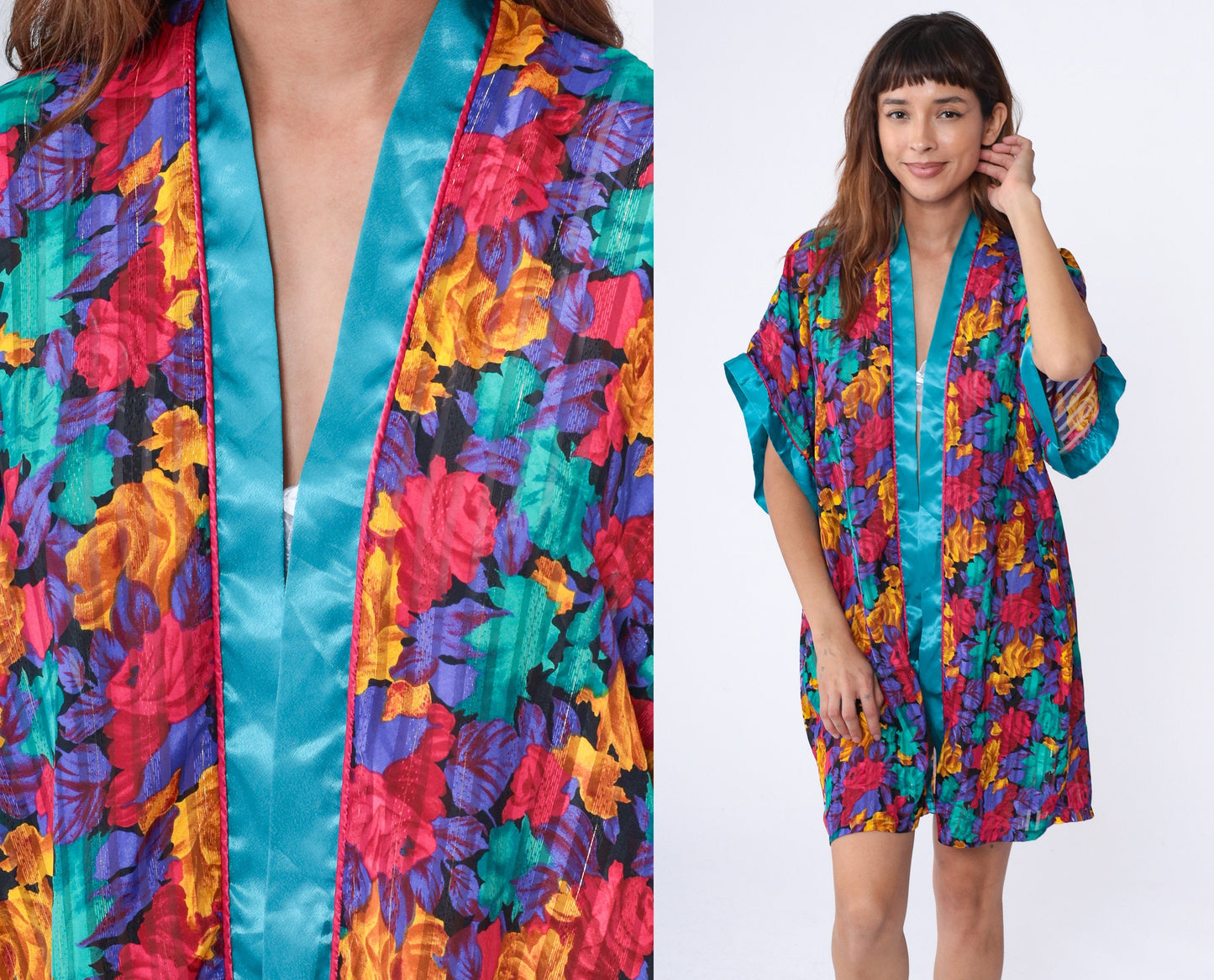 00s Floral Metallic Satin Kimono Robe Mini Open Front Medium M