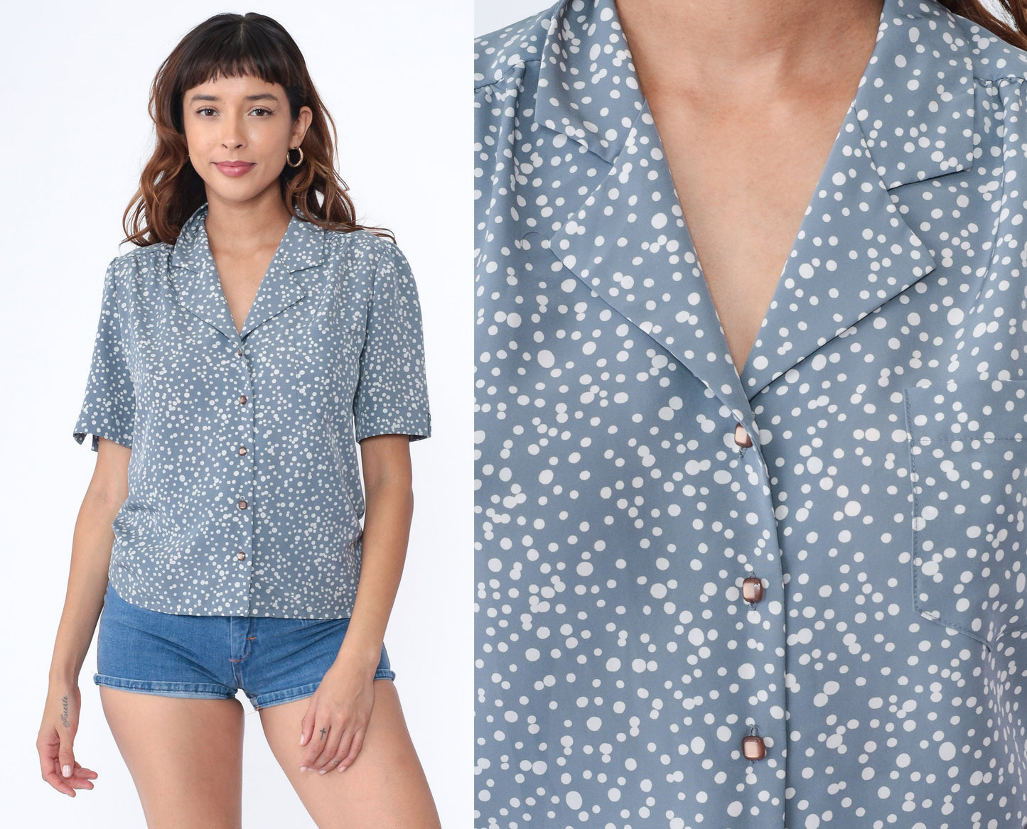80s Country Sophisticates by Pendleton Blue Polka Dot Button-Up Blouse Medium