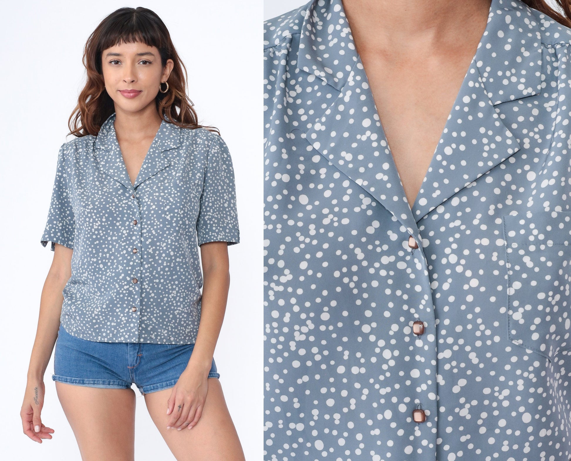 80s Country Sophisticates by Pendleton Blue Polka Dot Button-Up Blouse Medium