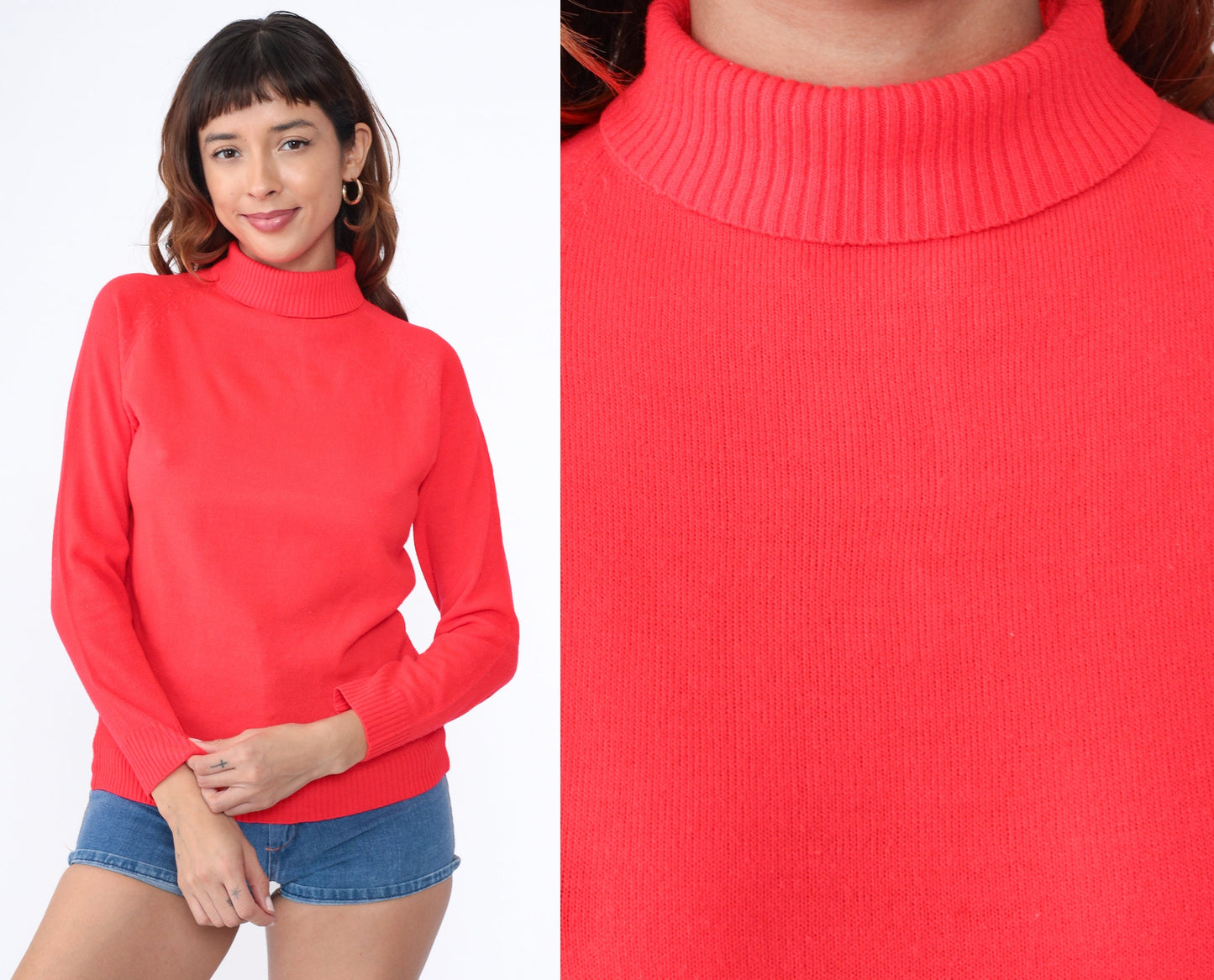 70s Full Fashions Red Turtleneck Raglan Sweater Rear Zipper Small