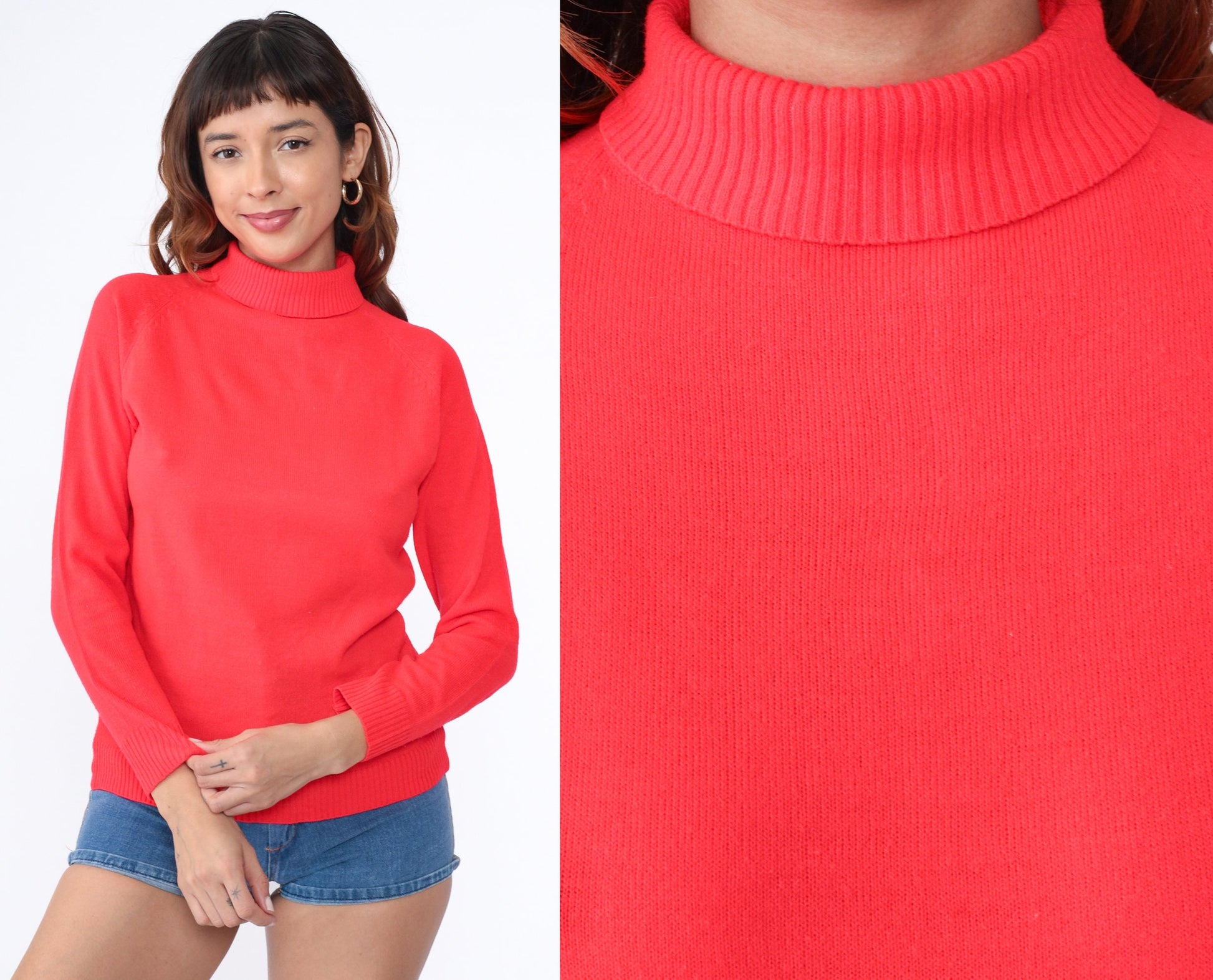70s Full Fashions Red Turtleneck Raglan Sweater Rear Zipper Small