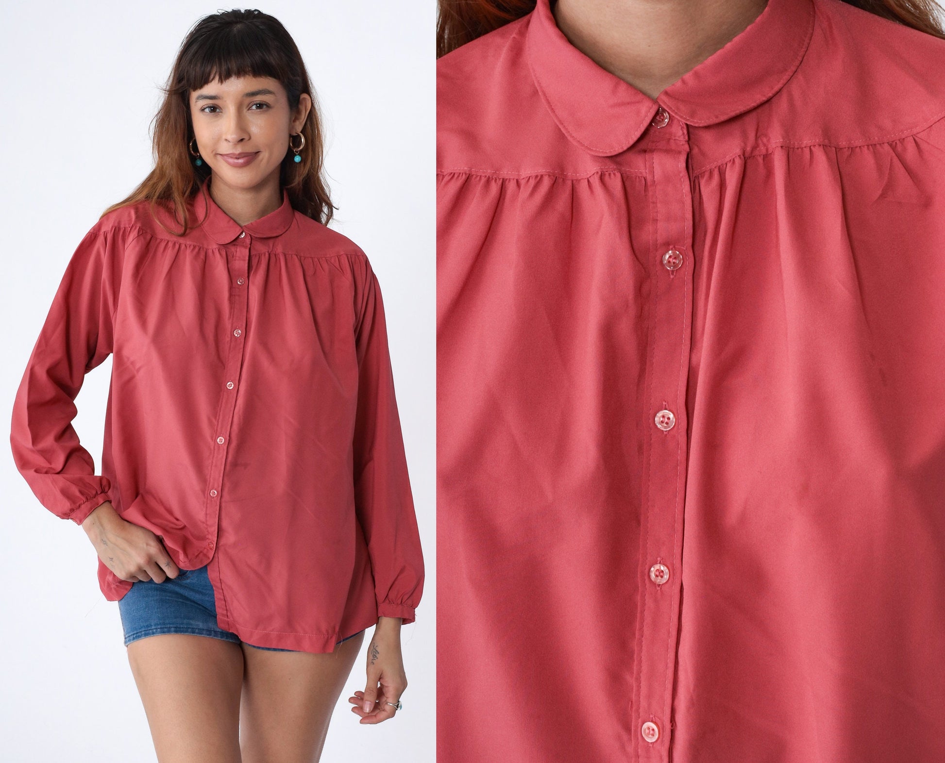 70s Dark Coral Pink Button-Up Blouse Peter Pan Collar Long Sleeve Medium