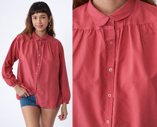 70s Dark Coral Pink Button-Up Blouse Peter Pan Collar Long Sleeve Medium