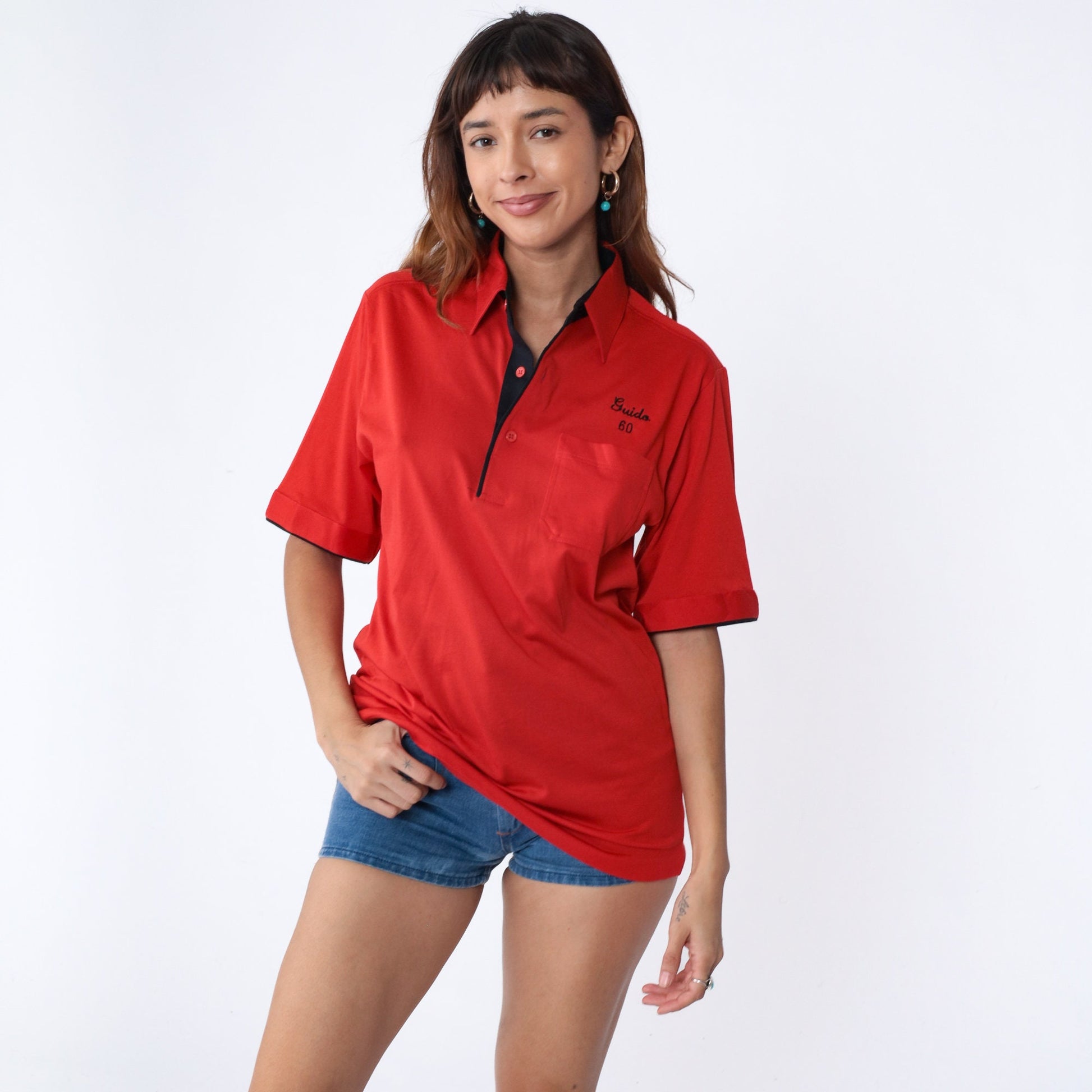 80s Red Bowling Uniform Shirt Guido Embroidered Number 60 Medium