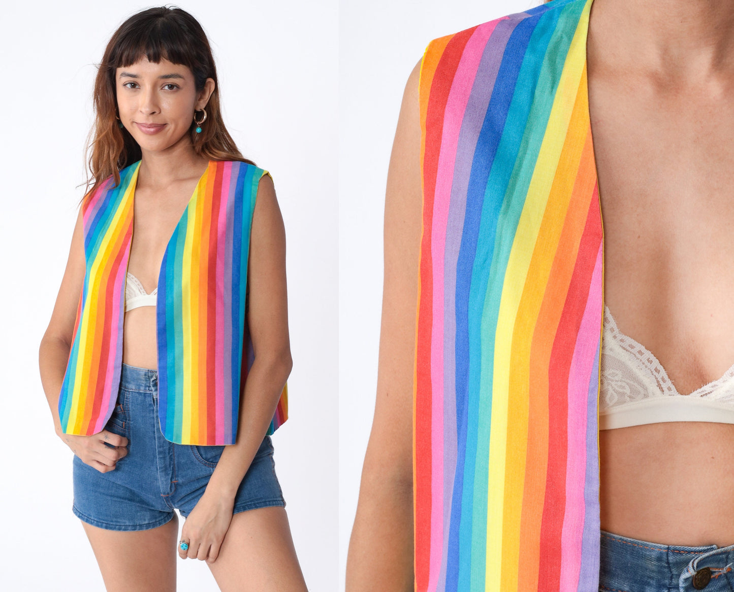 70s Rainbow Stripe Open Front Vest Sleeveless Top Medium