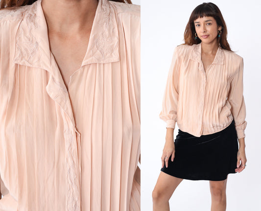 80s Paul Alexander Pink Silk Blouse Floral Embroidered Pleated Collared Small