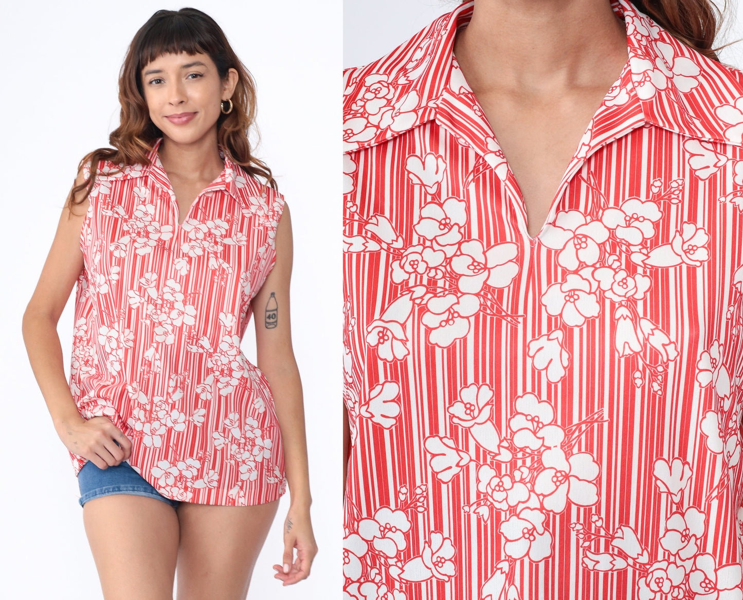 70s Floral Striped Tank Top Red White Collared V-Neck Sleeveless Large L