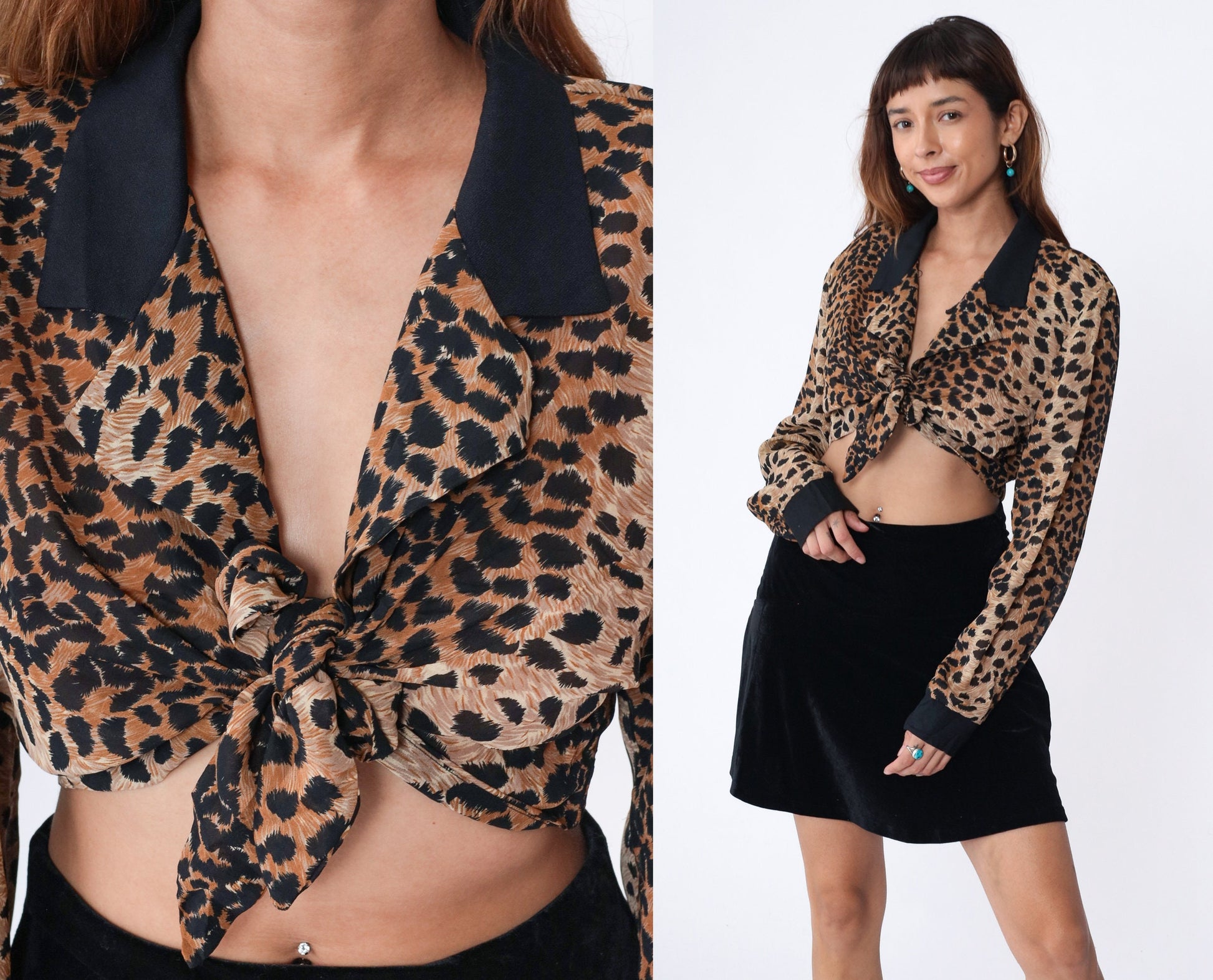 90s Cheetah Print Tie Front Crop Top Long Sleeve Collared Blouse Large L