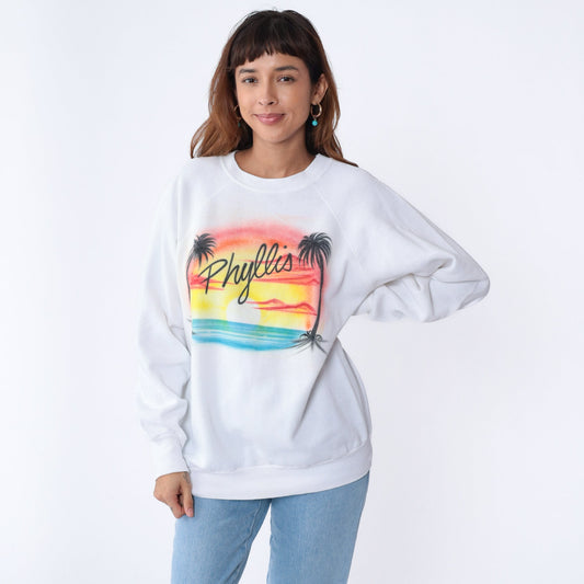 80s Phyllis Tropical Sunset Airbrush Sweatshirt White Raglan XL