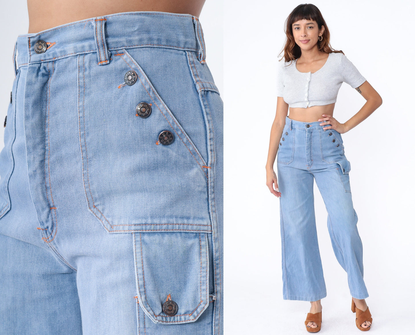 70s Blue Denim Bell Bottom Jeans High Waist Wide Leg Flare Medium 8