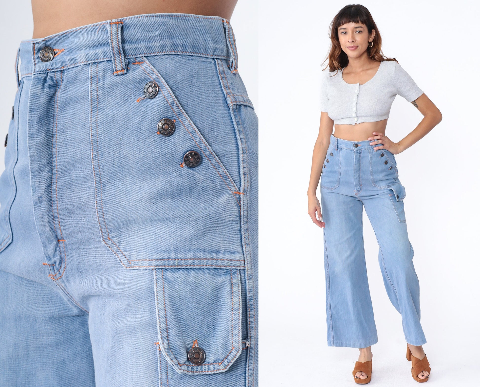 70s Blue Denim Bell Bottom Jeans High Waist Wide Leg Flare Medium 8