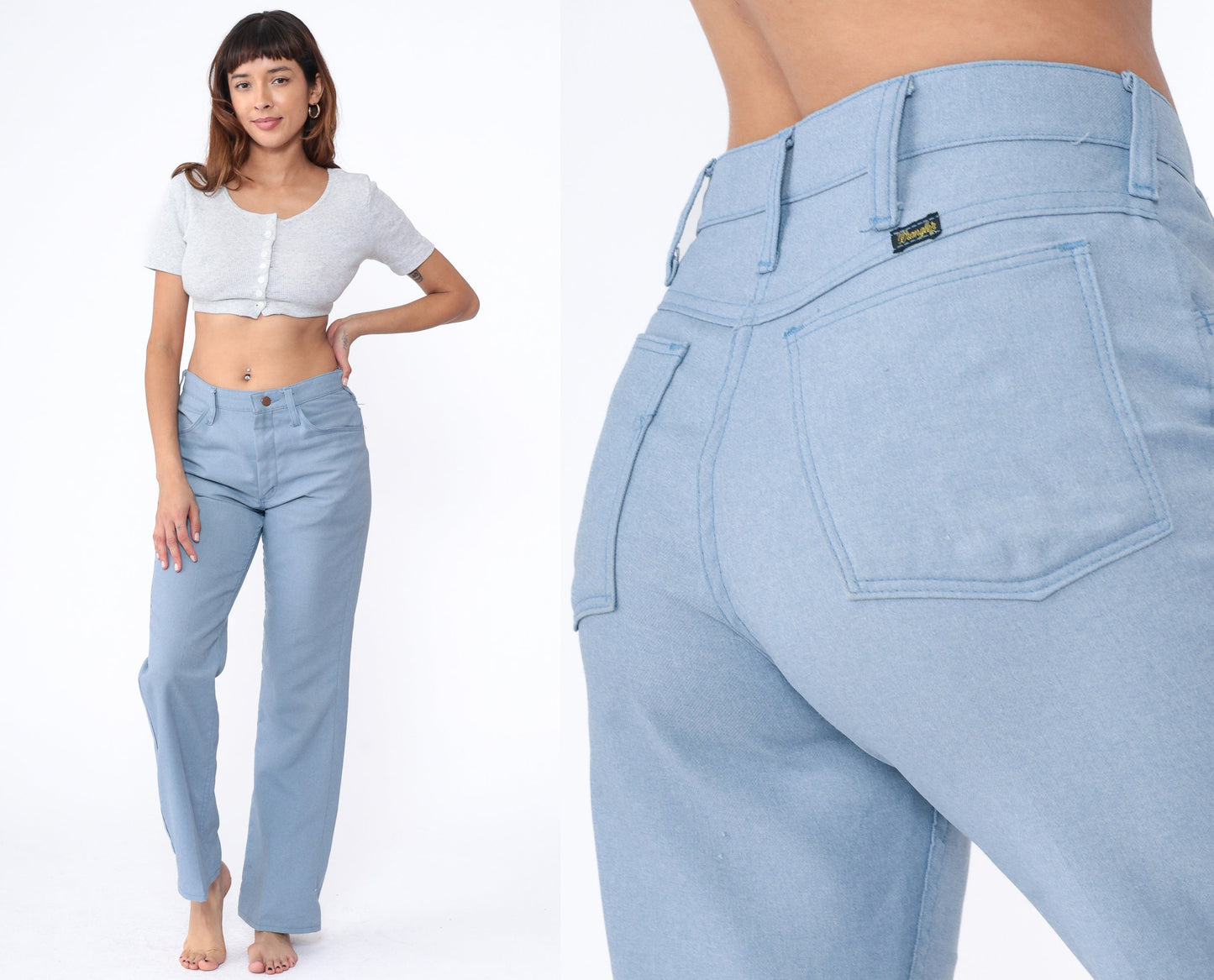 70s Wrangler Flared Trousers Baby Blue High Waist Bellbottoms Men's Medium 31