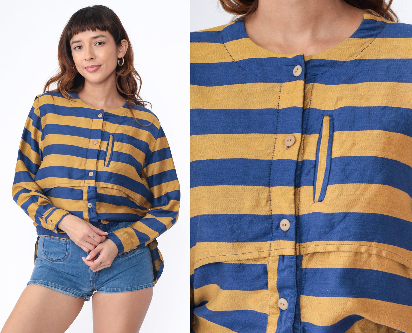 80s Striped Linen Cotton Blouse Blue Mustard Button Up Long Sleeve Large