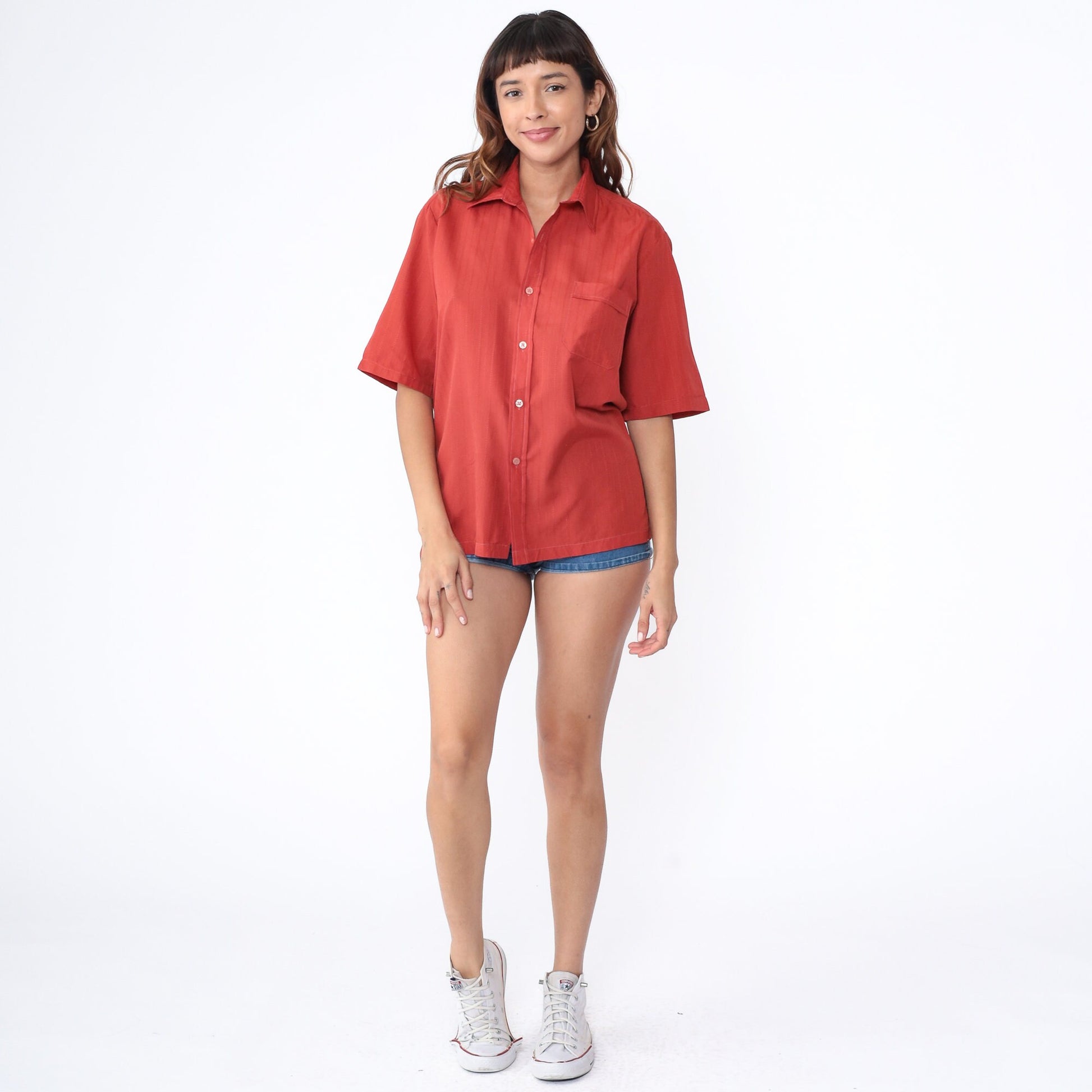 70s Rust Red Button-Up Shirt Pointed Collar Chest Pocket Men's Medium