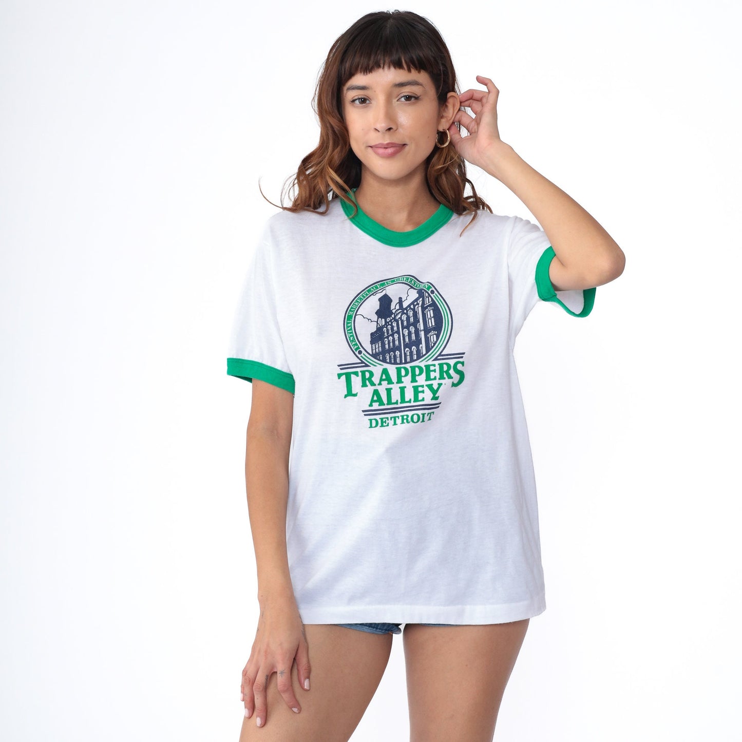 80s Trapper's Alley Detroit Ringer Tee Shirt Green Trim Graphic Medium Large