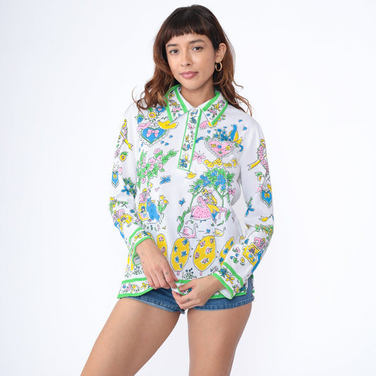 70s Romantic Print Button Up Blouse White Long Sleeve Couples Hearts Birds Medium Large