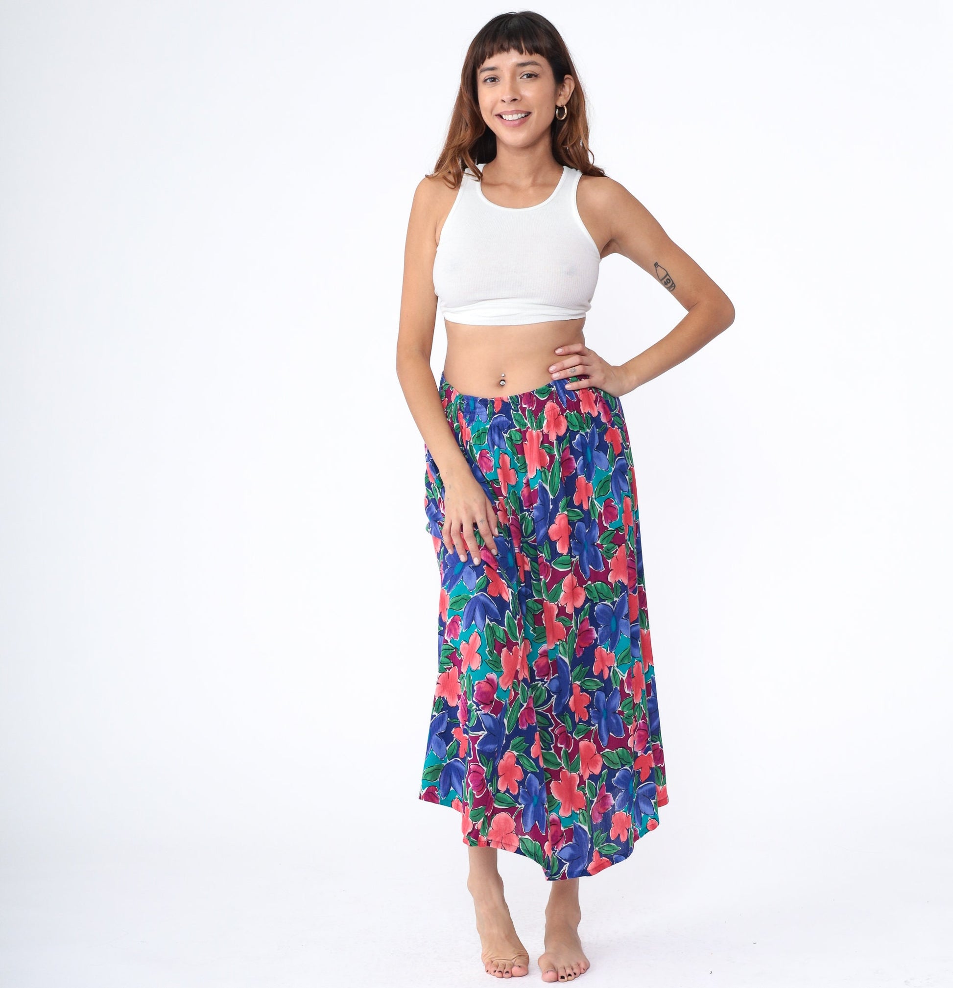 80s The Villager Floral Maxi Skirt Rayon High Waist Ankle Length Blue Medium