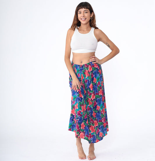 80s The Villager Floral Maxi Skirt Rayon High Waist Ankle Length Blue Medium