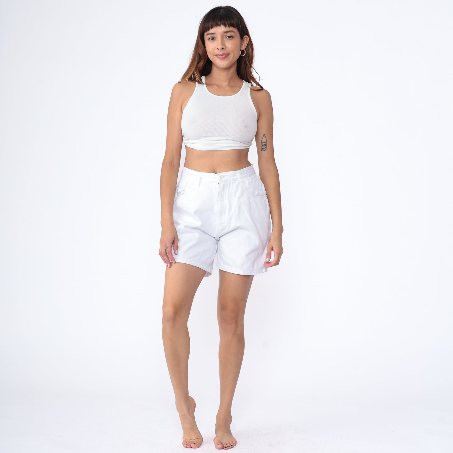 90s White Denim Shorts Floral Lace Trim High Waist Jean Shorts Small