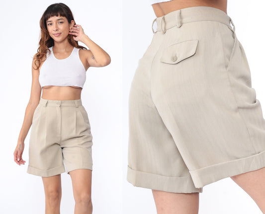 00s Beige High-Waisted Trouser Shorts Cuffed Front Pleat Small 28