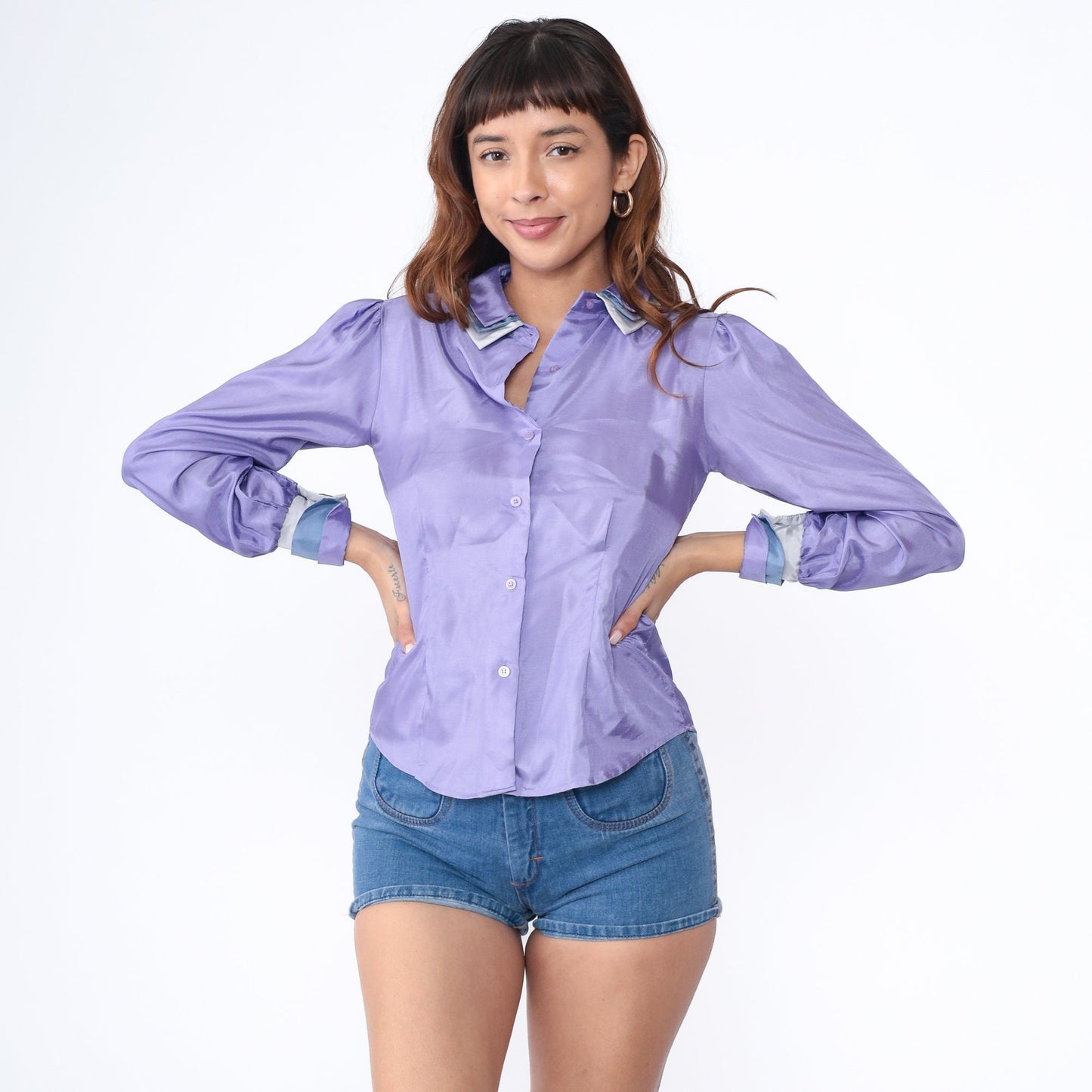 80s Lavender Shiny Blouse Peter Pan Collar Puff Sleeve Button Up Small