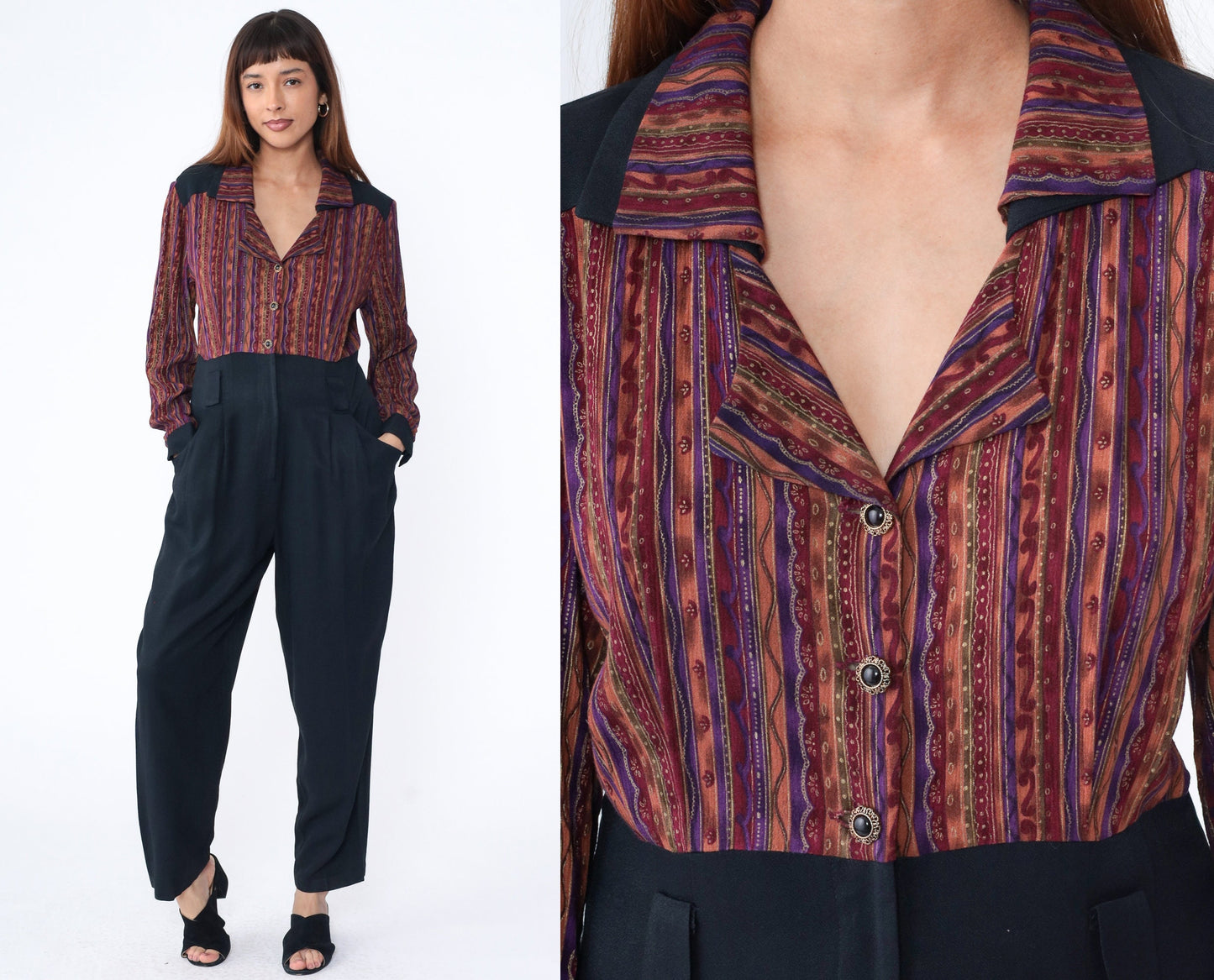 90s Molly Malloy Jumpsuit Burgundy Striped Black Tapered High Waist Medium