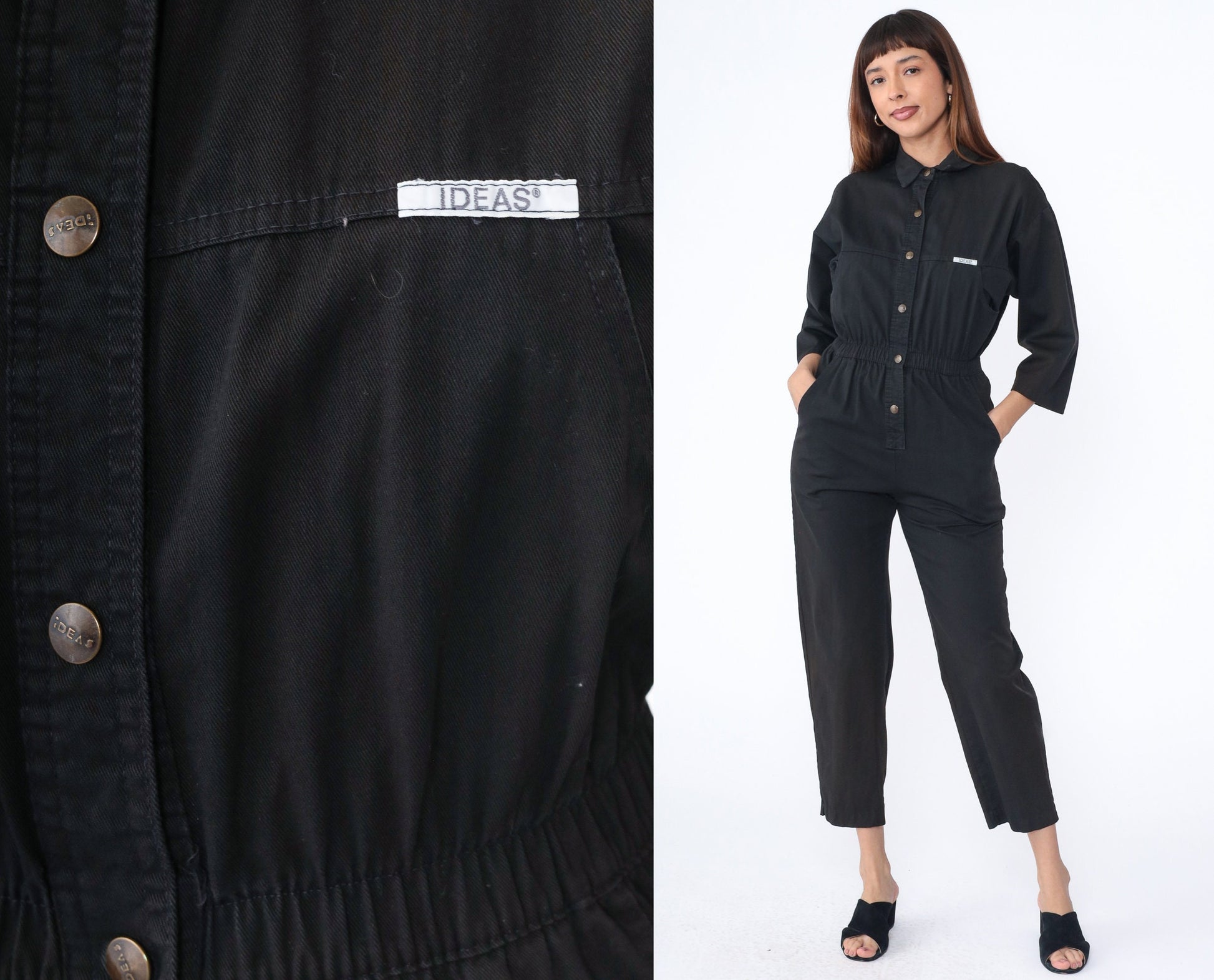 80s Ideas Black Cotton Jumpsuit Button-Up Tapered Leg Small
