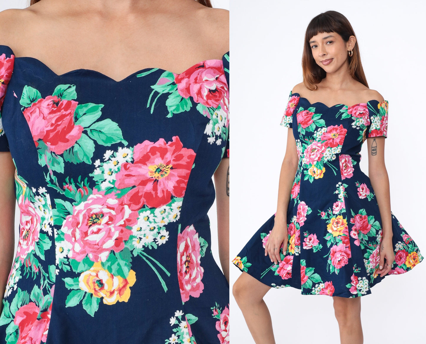 80s Floral Off-Shoulder Mini Dress Navy Blue Scalloped Neckline Small S