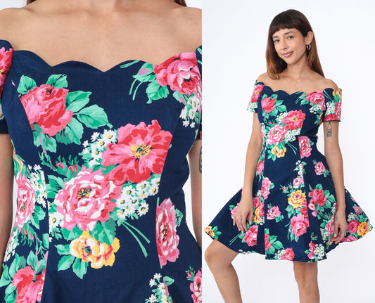 80s Floral Off-Shoulder Mini Dress Navy Blue Scalloped Neckline Small S