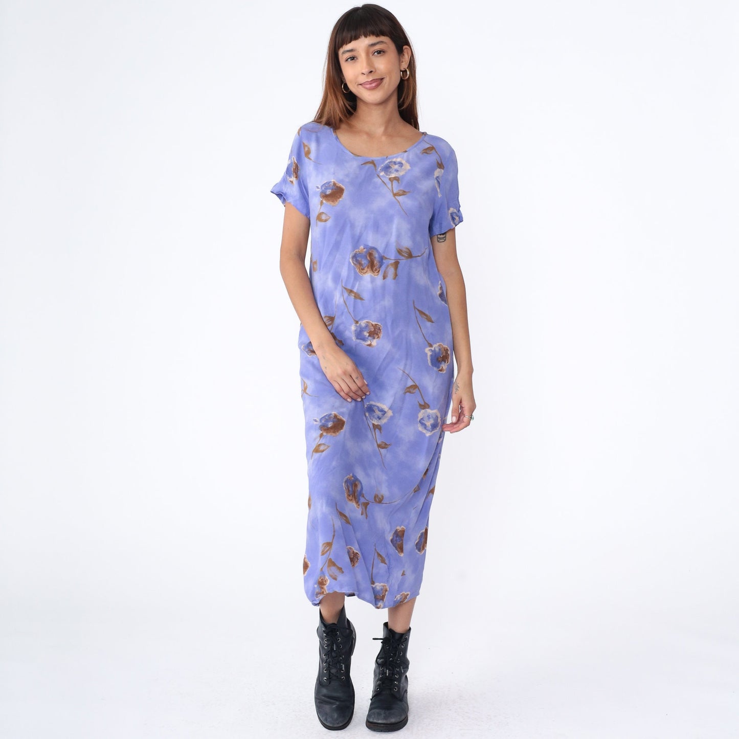 90s Floral Midi Shift Dress Purple Rayon Short Sleeve Scoop Neck Small