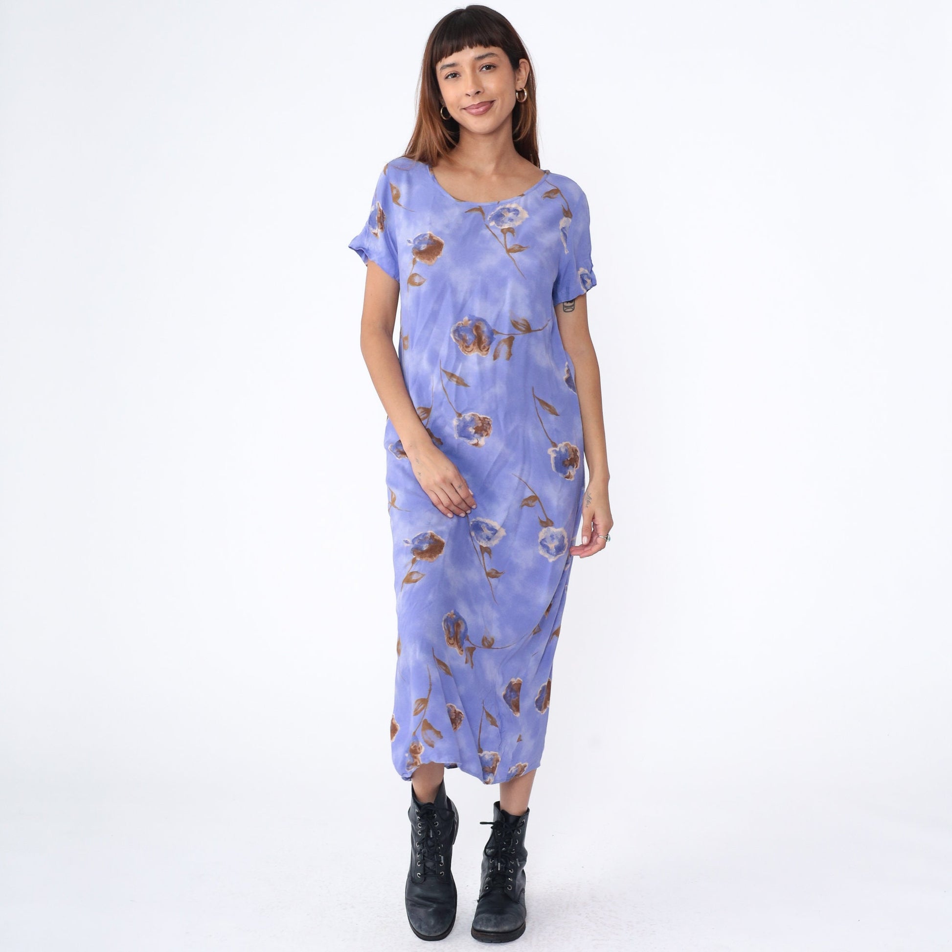 90s Floral Midi Shift Dress Purple Rayon Short Sleeve Scoop Neck Small