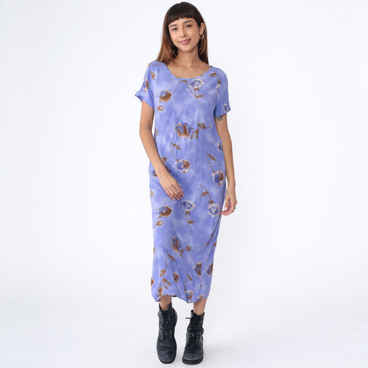 90s Floral Midi Shift Dress Purple Rayon Short Sleeve Scoop Neck Small