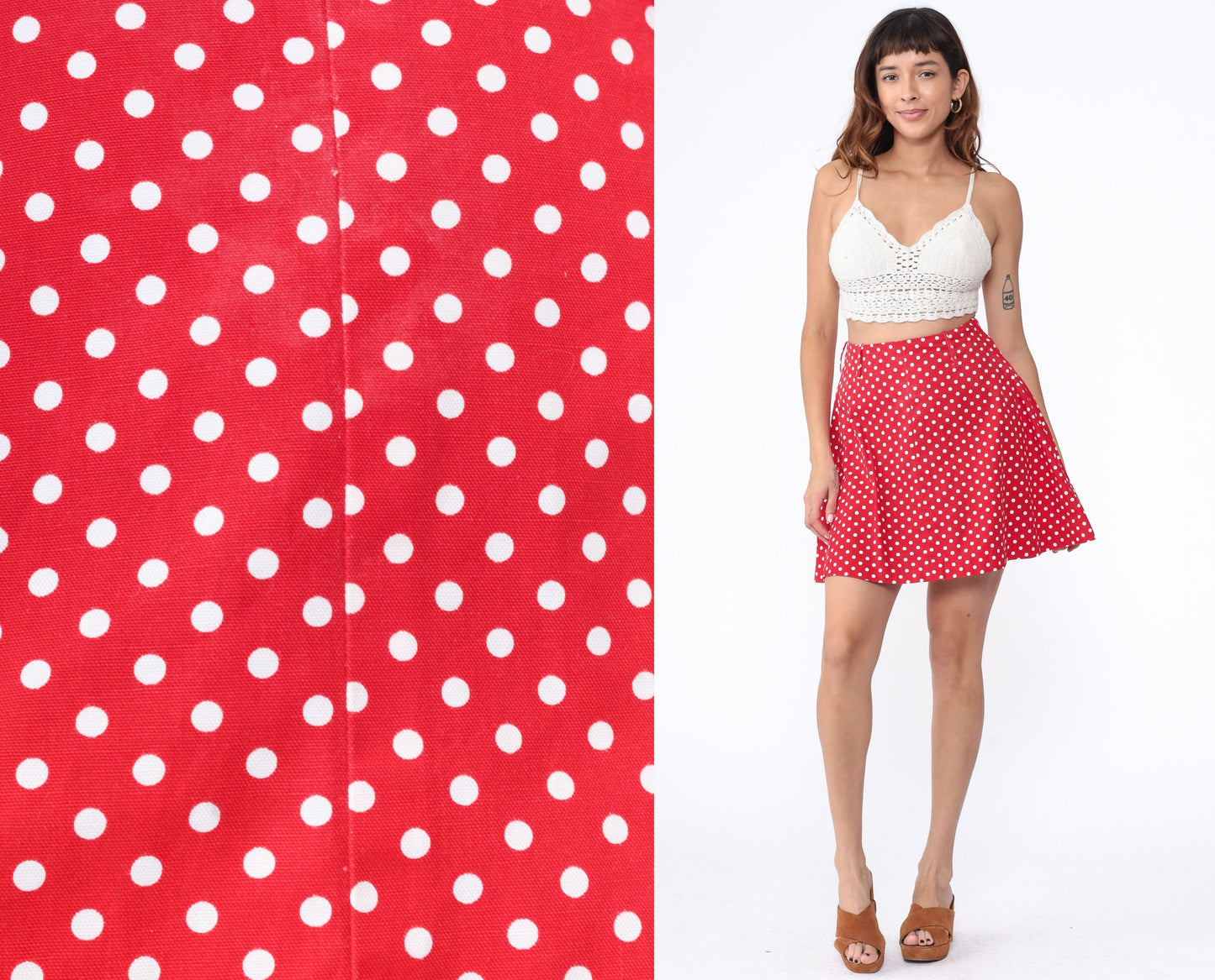 60s Junior House Polka Dot Mini Skirt Red A-Line High Waisted Extra Small
