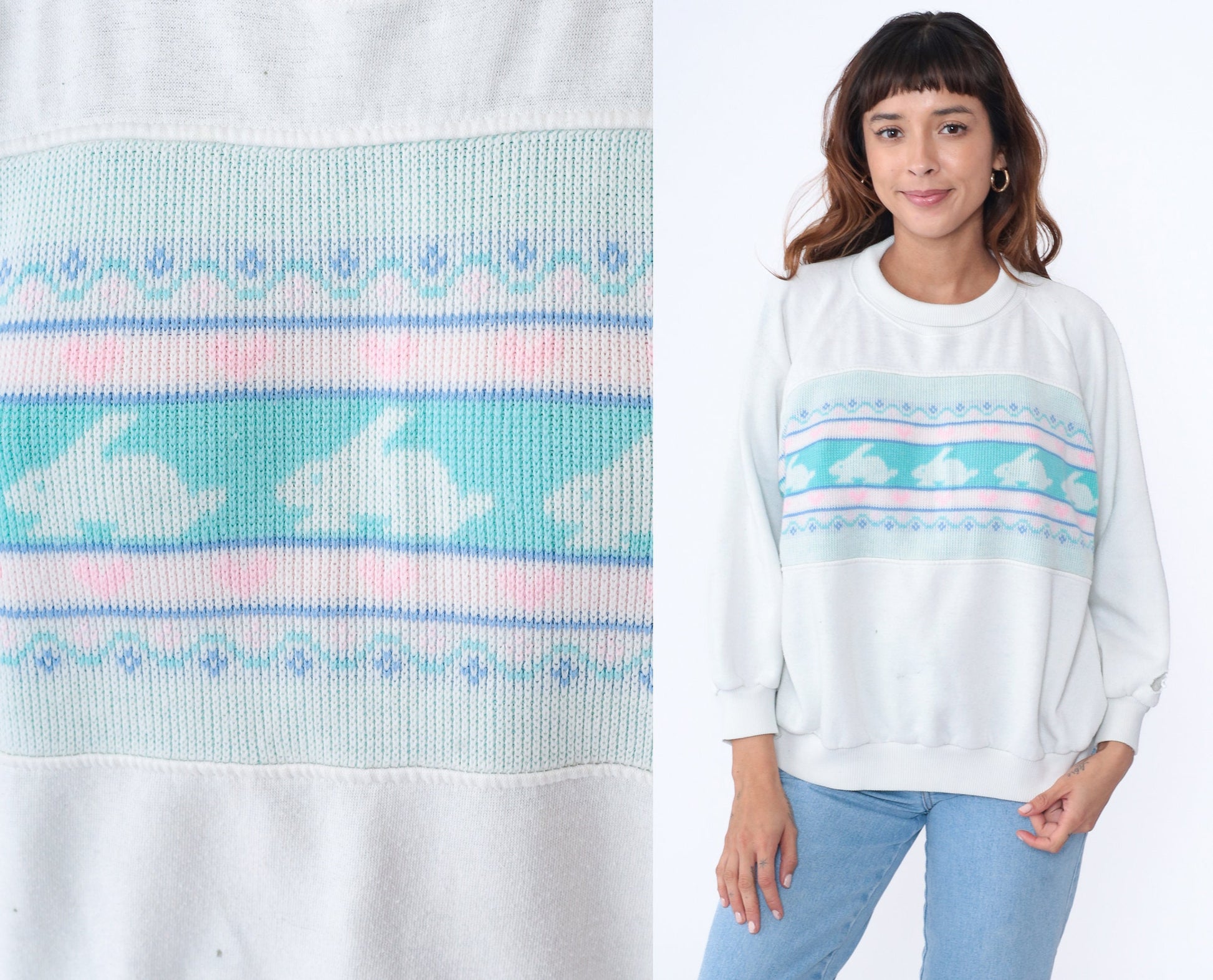 90s Bunny Rabbit Heart Sweatshirt Mock Neck White Pink Plus Size XXL